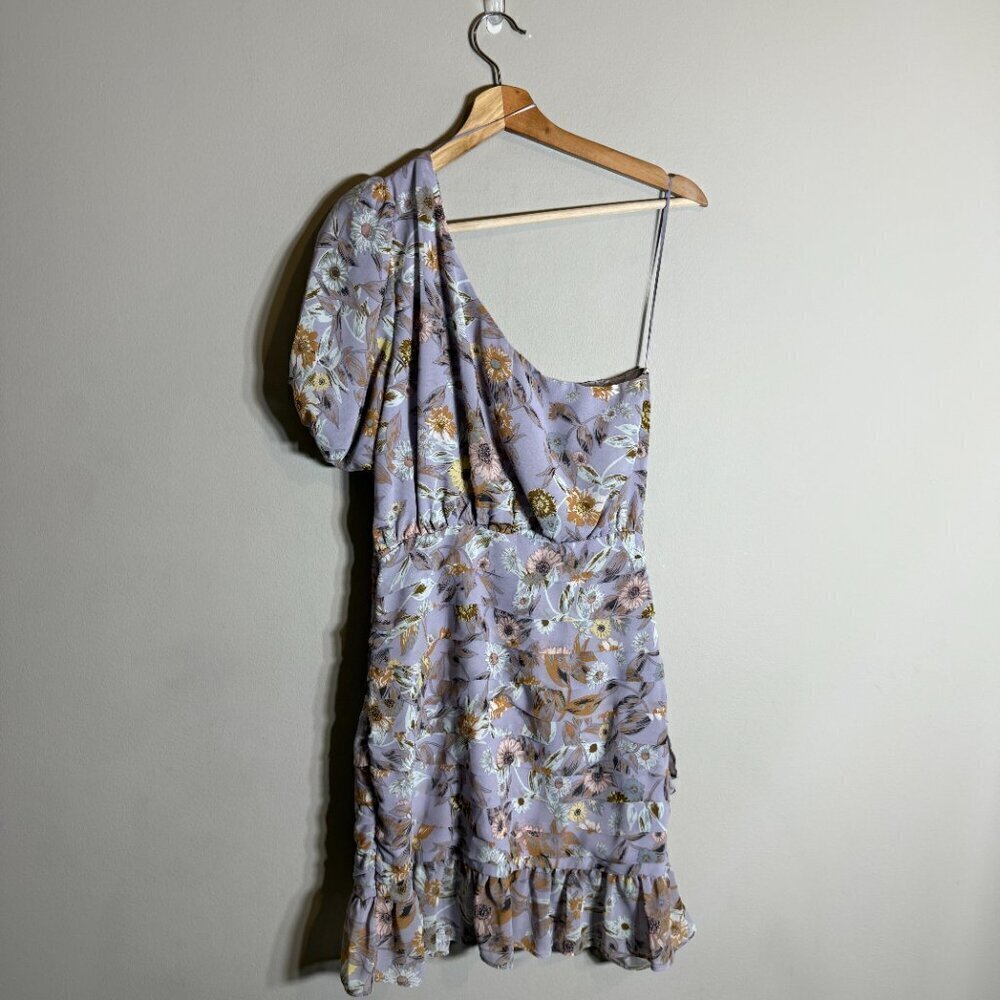 ASTR The Label Periwinkle Floral One Shoulder Tulip Mini Dress Women's Medium - Picture 5 of 14